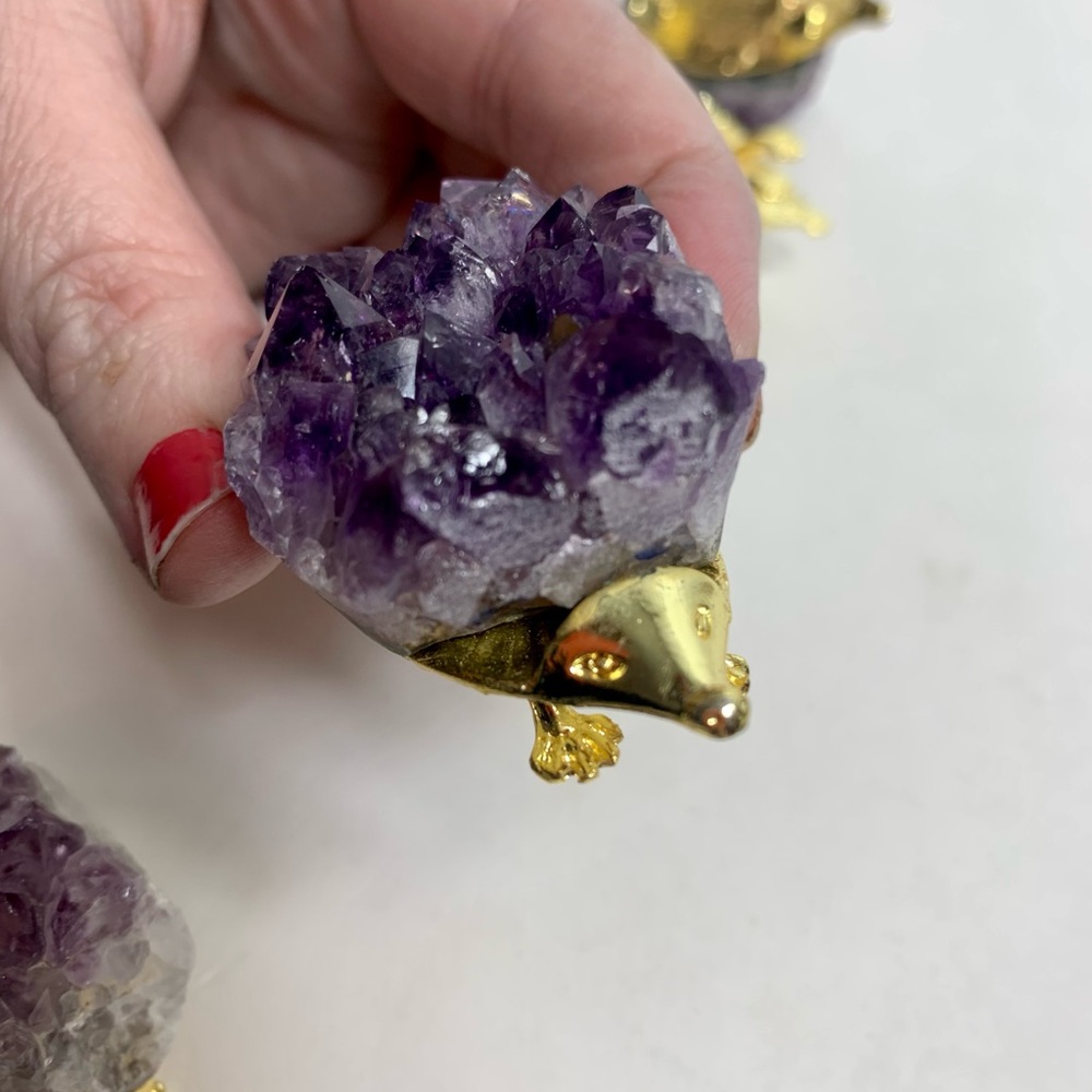 Set of 5 hedgehogs with Natural Amethyst quartz crystals gems. - Picture 7 of 10
